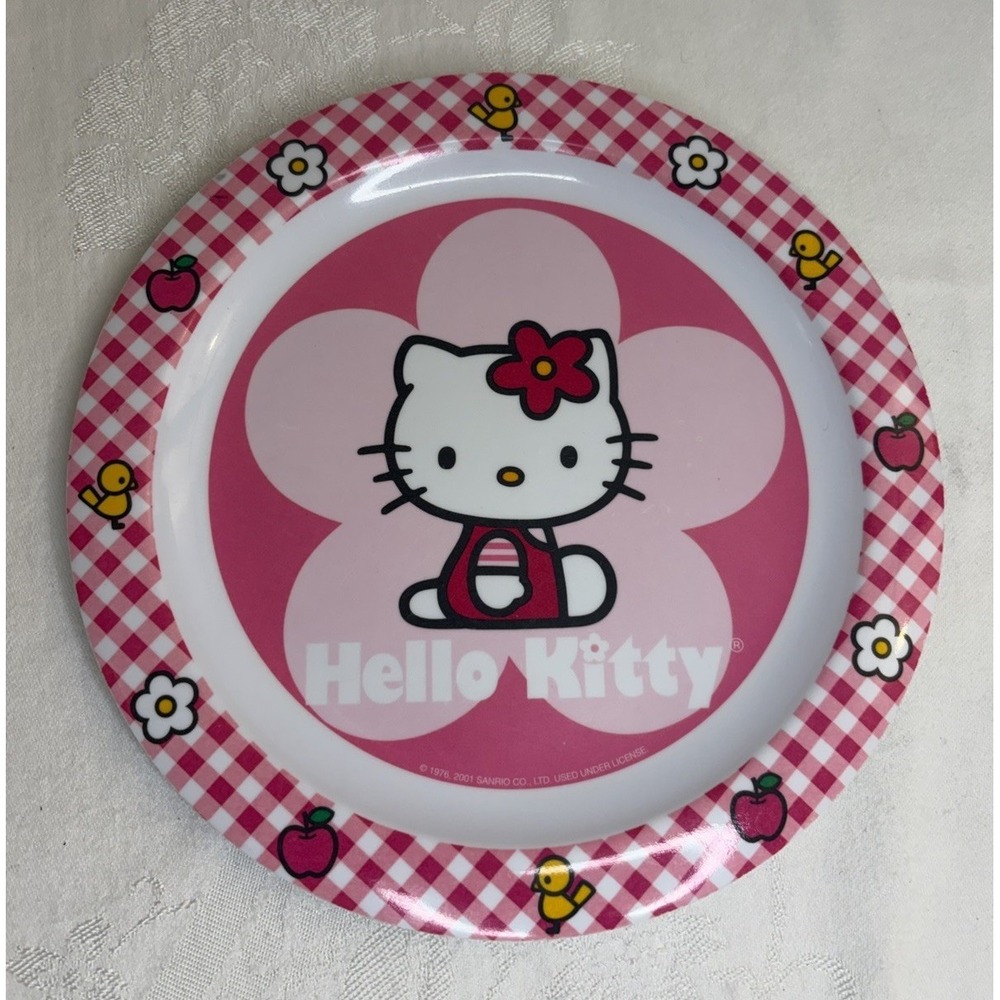 Vintage 2001 Hello Kitty Kids Melamine Plate Pink Gingham Flower Trudeau 8.5"